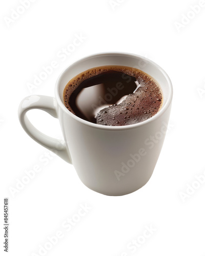 A steaming hot cup of coffee in a white ceramic mug isolated on a white background, ideal for illustrating beverage themes.