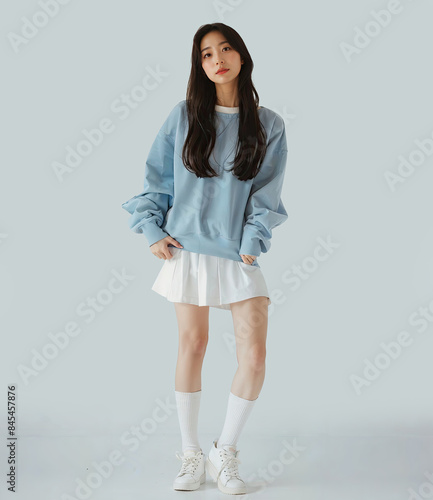 Full Body Photo of Asian woman in Light Blue Loose Sweatshirt and White Short Skirt Posing Against Simple Background
