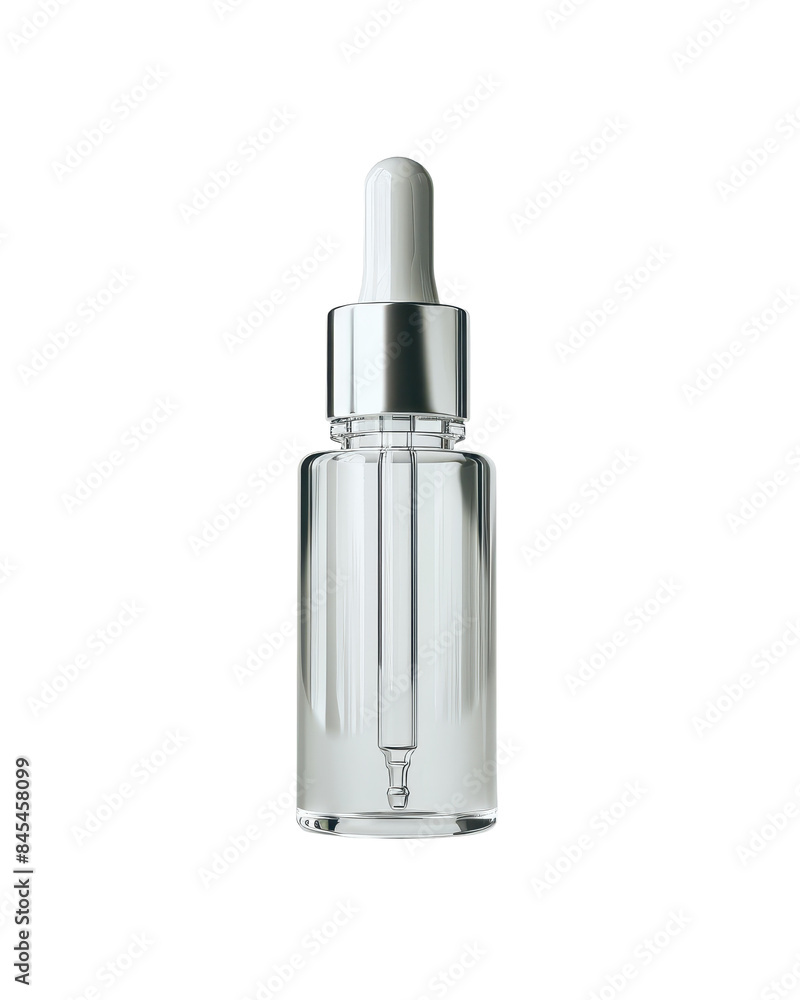 Clear glass dropper bottle with silver cap, ideal for skincare or essential oils. Isolated on white background for product packaging design. Clear glass dropper bottle with silver cap, ideal for skincare or essential oils. Isolated on white background for product packaging design.