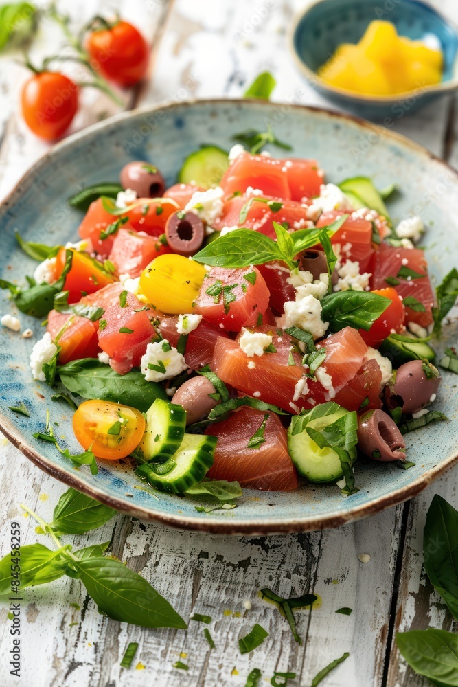 Fresh Tuna, Feta, and Cucumber Salad With Olive Garnish Fresh Tuna, Feta, and Cucumber Salad With Olive Garnish