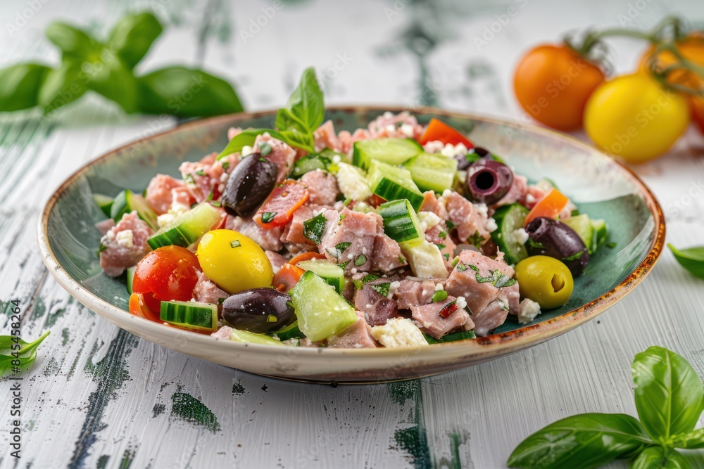 Fresh Tuna, Feta, and Cucumber Salad With Olive Garnish Fresh Tuna, Feta, and Cucumber Salad With Olive Garnish