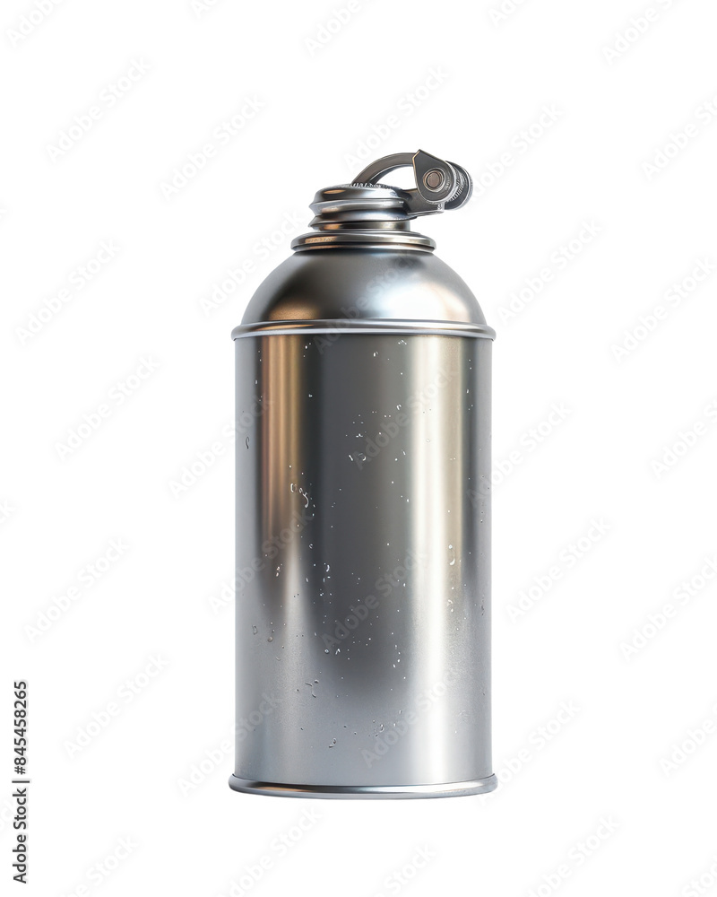 Close-up image of a stainless steel spray can with a slightly open nozzle, ideal for product display and commercial use. Close-up image of a stainless steel spray can with a slightly open nozzle, ideal for product display and commercial use.