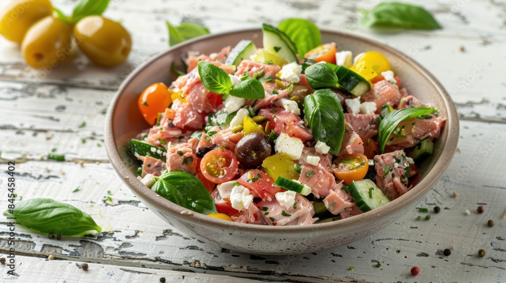 Fresh Tuna, Feta, and Cucumber Salad With Olive Garnish Fresh Tuna, Feta, and Cucumber Salad With Olive Garnish