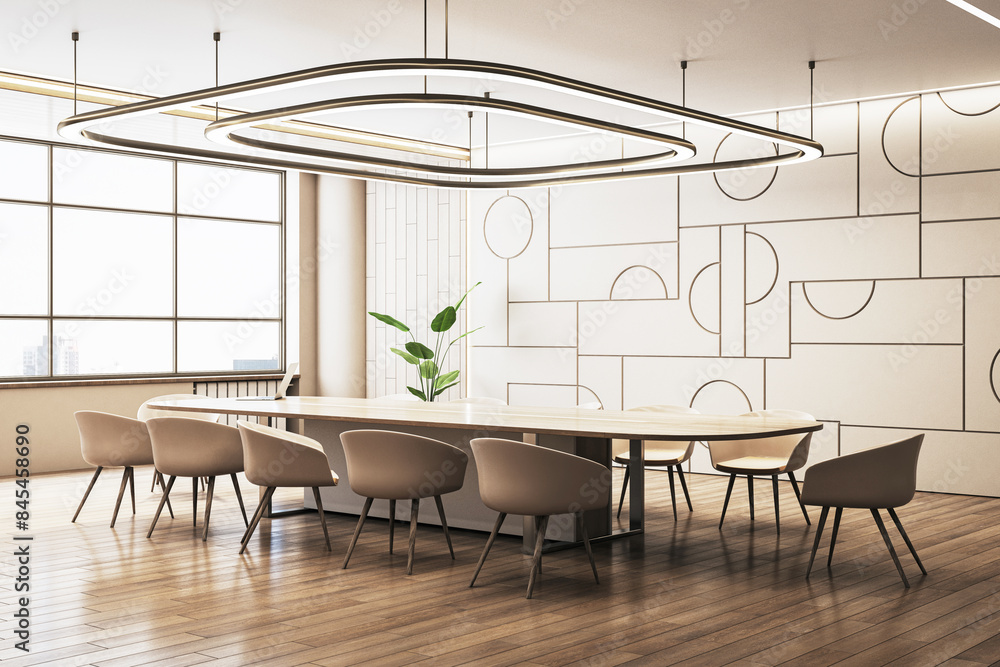 Fototapeta premium Modern conference room with a large table, chairs and artistic wall design on a wooden floor, concept of corporate meetings. 3D Rendering