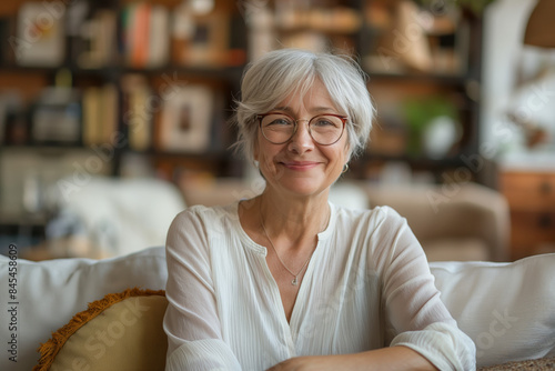 Smiling Elderly Woman with Grey Hair and Glasses Sitting on a Cozy Couch