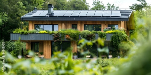 Passive house with green roof solar panels openplan design for energy efficiency. Concept Passive House, Green Roof, Solar Panels, Open Plan Design, Energy Efficiency photo