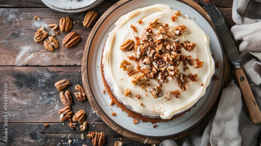 High-angle view of a rustic homemade carrot cake with cream cheese frosting and chopped nuts High-angle view of a rustic homemade carrot cake with cream cheese frosting and chopped nuts