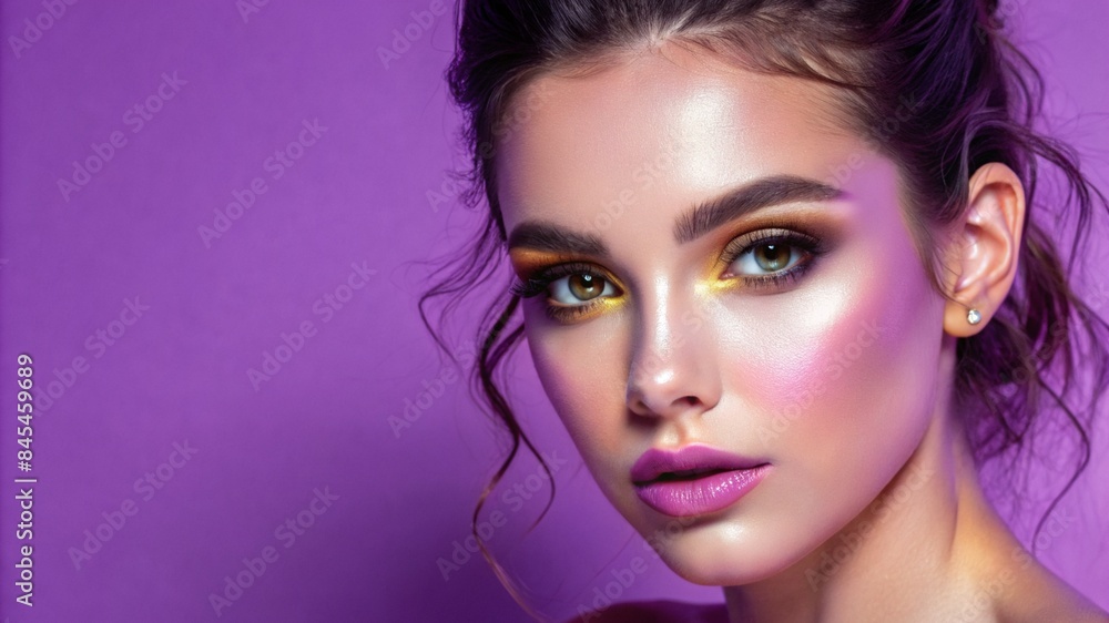 Naklejka premium a young woman model with flawless makeup, copy space, banner