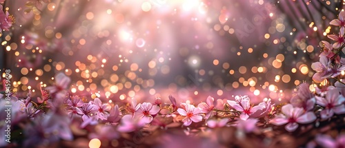 Enchanted Spring Garden with Cherry Blossom Flowers and Fairy Lights Bokeh Border