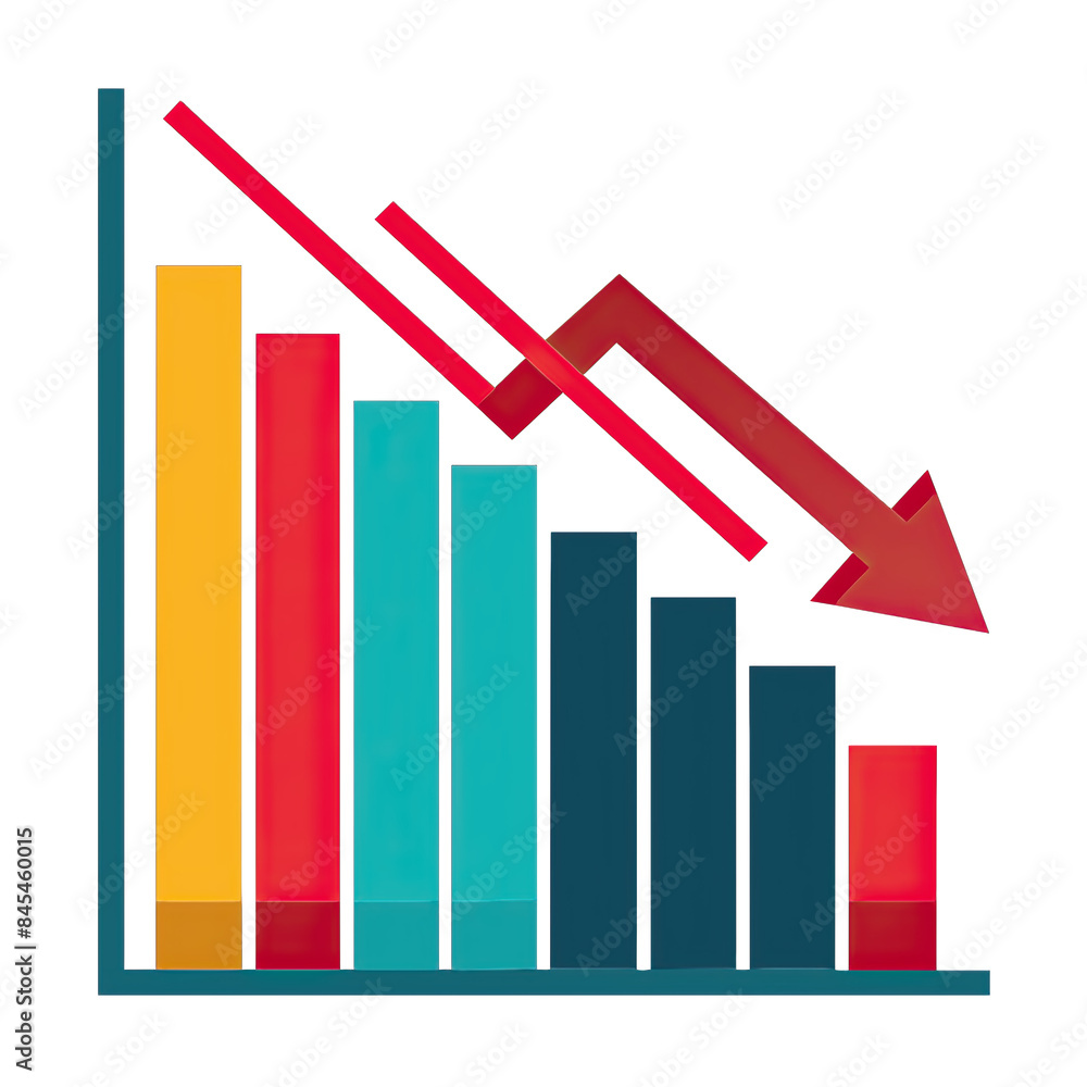 An isolated bar graph with colorful bars and a red arrow pointing downwards, representing a decreasing trend. Generative AI An isolated bar graph with colorful bars and a red arrow pointing downwards, representing a decreasing trend. Generative AI