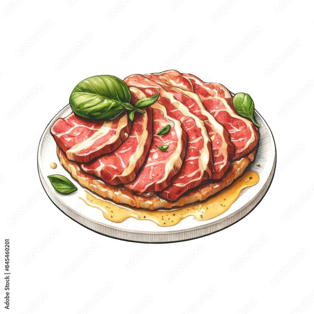 A beautifully presented plate of raw meat slices garnished with fresh basil, ideal for culinary presentations and food photography. A beautifully presented plate of raw meat slices garnished with fresh basil, ideal for culinary presentations and food photography.