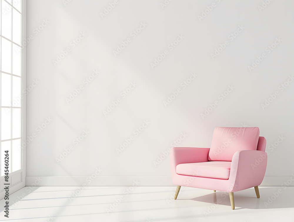 White room with pink chair and blank white wall White room with pink chair and blank white wall
