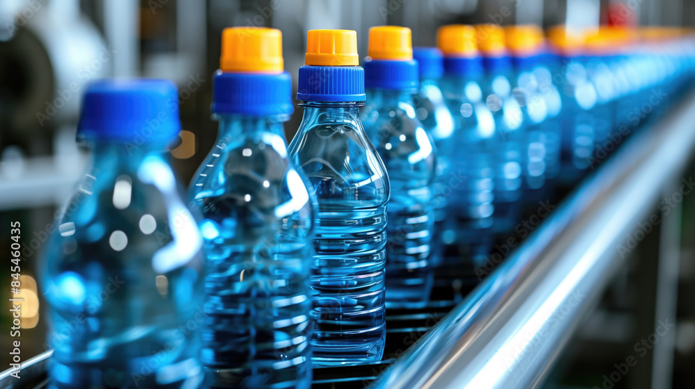 Row of Plastic Bottled Water on Production Line in Modern Factory. Row of Plastic Bottled Water on Production Line in Modern Factory.