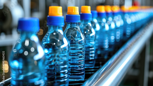 Row of Plastic Bottled Water on Production Line in Modern Factory. © Anna
