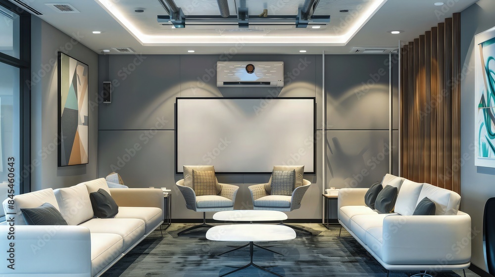 Fototapeta premium Spacious modern office with a wall-mounted air conditioner, showcasing a comfortable lounge area with stylish sofas and a large screen for presentations. 