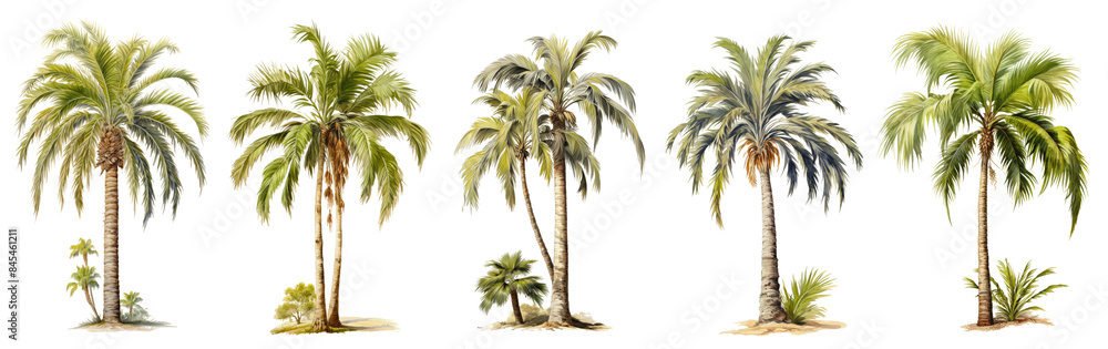 Obraz premium A watercolor illustration of six palm trees against a white background