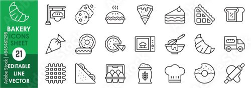 A set of line icons related to bakery products. Eggs, bread, flour, hungry, chef, donut, waffle, bun, cake and so on. Vector outline icons set.