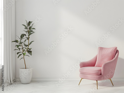 White room with pink chair and blank white wall