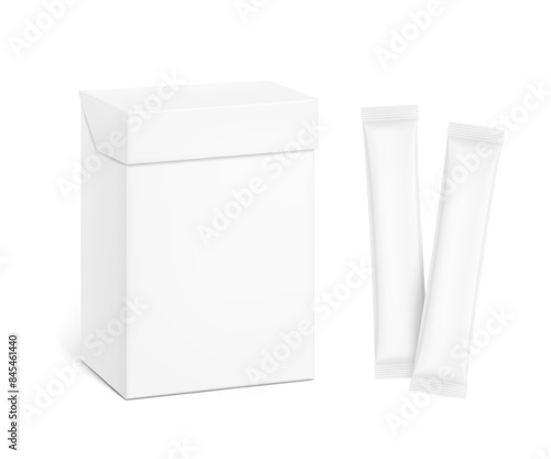 Universal blank closed paperboard box with stick mockup set. Vector illustration isolated on white background. Can be use for template your design, presentation. EPS10.
