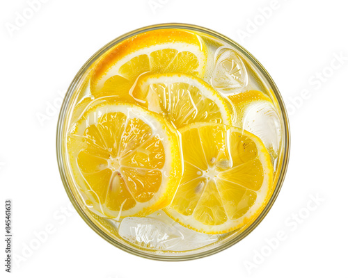 Sparkling Glass of Lemonade with Ice and Lemon Slices top view isolated on white background