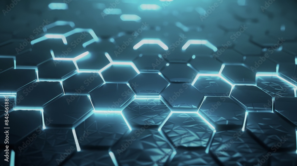 Naklejka premium Innovative tech grid with a glowing neon mosaic. Futuristic network of metallic hexagonal tiles representing science, cyber engineering and advanced computing in a sleek and modern design.