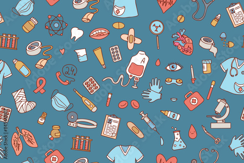 Seamless pattern of medical products, medicines, clothes, first aid kit in doodle style. Vector illustration