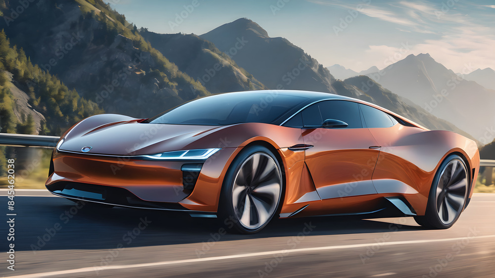 Naklejka premium A sleek, modern electric car driving on a scenic highway with a backdrop of mountains and a clear blue sky. The car represents the future of eco-friendly transportation