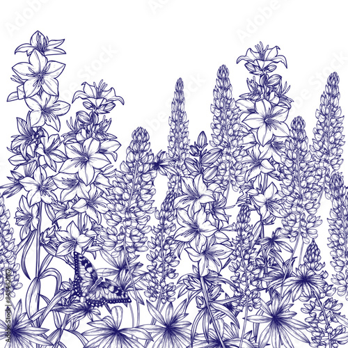 Seamless horizontal pattern garden lupine and platycodon campanula with butterflies in engraving style