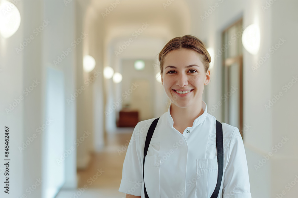 Woman in hotel uniform smiling in hallway, displaying professionalism and hospitable attitude. Womens Equality Day Woman in hotel uniform smiling in hallway, displaying professionalism and hospitable attitude. Womens Equality Day