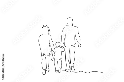 family parent winter mother father son walking together one line art design vector