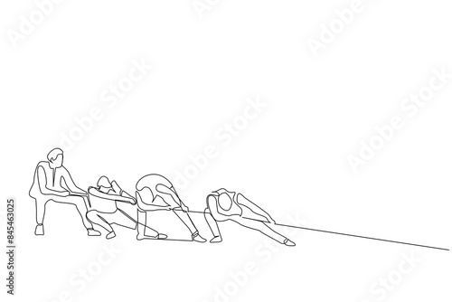 people group friends together pulling rope teamwork one line art design vector