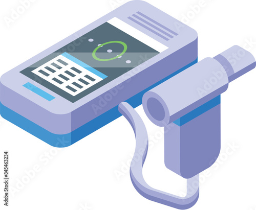 Digital tonometer measuring eye pressure, showing medical data on screen