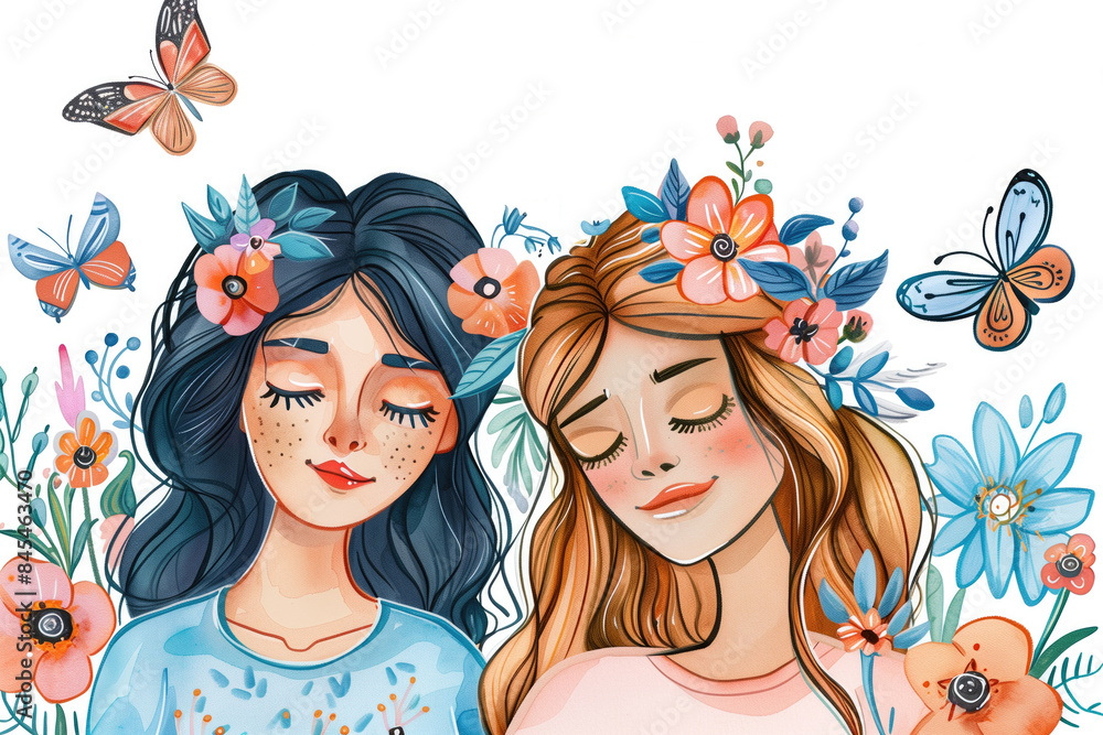Fototapeta premium Whimsical Portrait of Two Women with Floral Headpieces and Butterflies in Spring Garden.