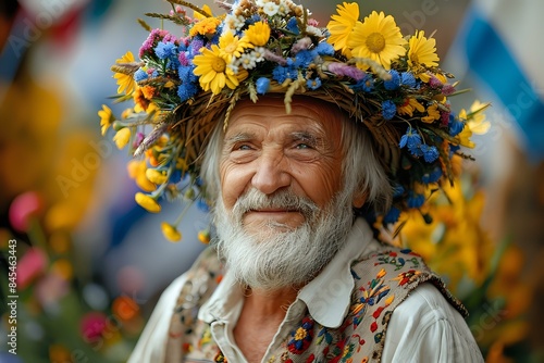 Traditional celebration: Elderly man adorned with colorful floral wreath