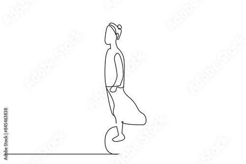 woman person modern scooter wheel modern city practical vehicle one line art design vector