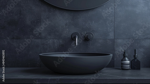 Fototapeta Naklejka Na Ścianę i Meble -  Black round marble sink on a black wall with a faucet in the bathroom
