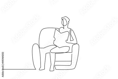 old man home coffee newspaper relax dog life one line art design vector