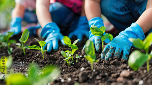 Close up of a group of children wearing gloves planting young green plants into rich soil in the garden © Yuwarin