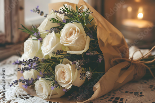 An elegant bouquet of white roses and lavender sprigs, artistically wrapped in brown kraft paper tied with a jute twine bow. The bouquet rests on a vintage lace doily, with a backdrop of a softly lit