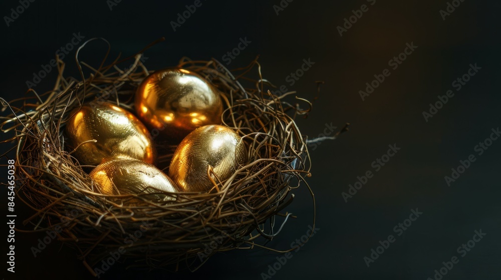 Golden eggs in a nest on dark background with copy space Golden eggs in a nest on dark background with copy space