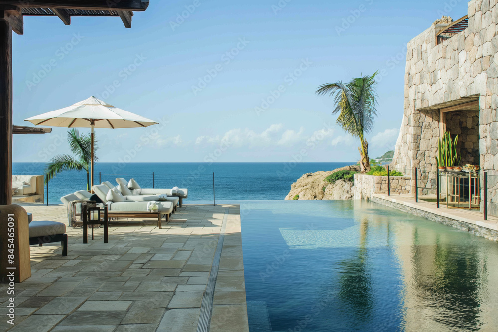 Obraz premium Sunny Luxury Beachfront Poolside Retreat with Infinity Ocean View and Modern Amenities