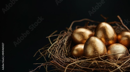 Golden eggs in a nest on dark background with copy space © top images