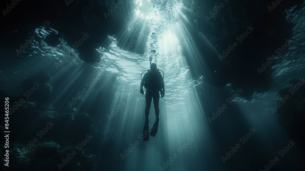 Underwater photography, diver silhouetted against sunrays, exploring the ocean depths
Underwater photography, diver silhouetted against sunrays, exploring the ocean depths
