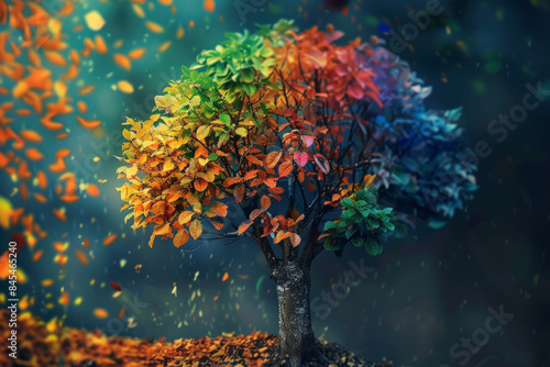 A tree with leaves changing colors, going through the cycle of life from green to vibrant autumn hues, representing change and the inevitability of transformation © grey