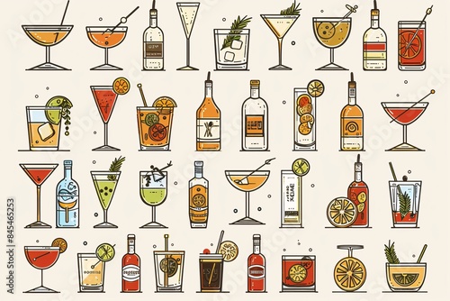 Set of illustrated cocktail icons, various drink designs, colorful vector art

