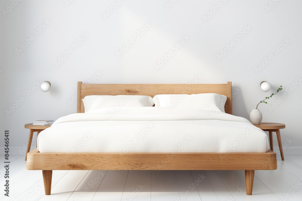 Create a minimalist bedroom with a wooden bed and white bedding for a clean and stylish decor Create a minimalist bedroom with a wooden bed and white bedding for a clean and stylish decor