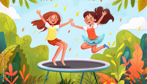Smiling children jumping on trampoline