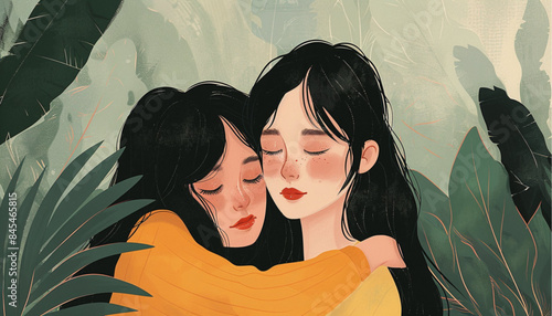 Female friend hug. Women embracing each other, expressing love, affection, support. Vector illustration for friendship, strong relations, support concept