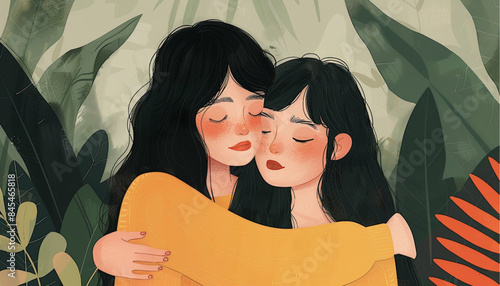 Female friend hug. Women embracing each other, expressing love, affection, support. Vector illustration for friendship, strong relations, support concept