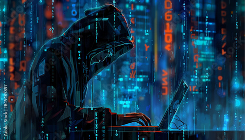 Fraud or scam background. Abstract hacker behind the monitor hologram with programmer code. Cybercriminal on a background. Cyber attack, computer hack, cybersecurity concept. Vector illustration